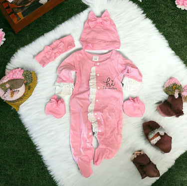 Newborn Baby Doll 20 inch Baby Clothes Ruffles Hi I'm New Here Pink Bodysuit Romper Pajamas One Piece Infant 0-3 Months With Headband PJ Set